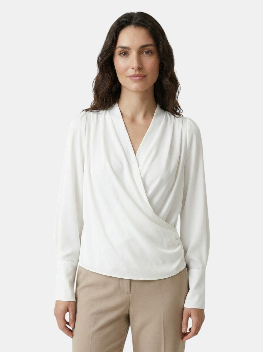 Blouse satinée col V manches bouffantes taille plissée romantique femme