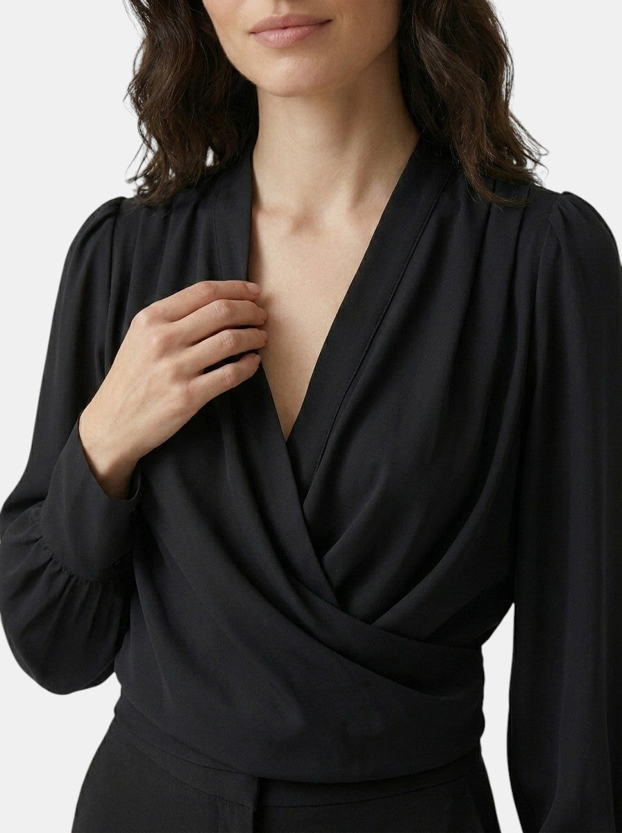 Blouse satinée col V manches bouffantes taille plissée romantique femme
