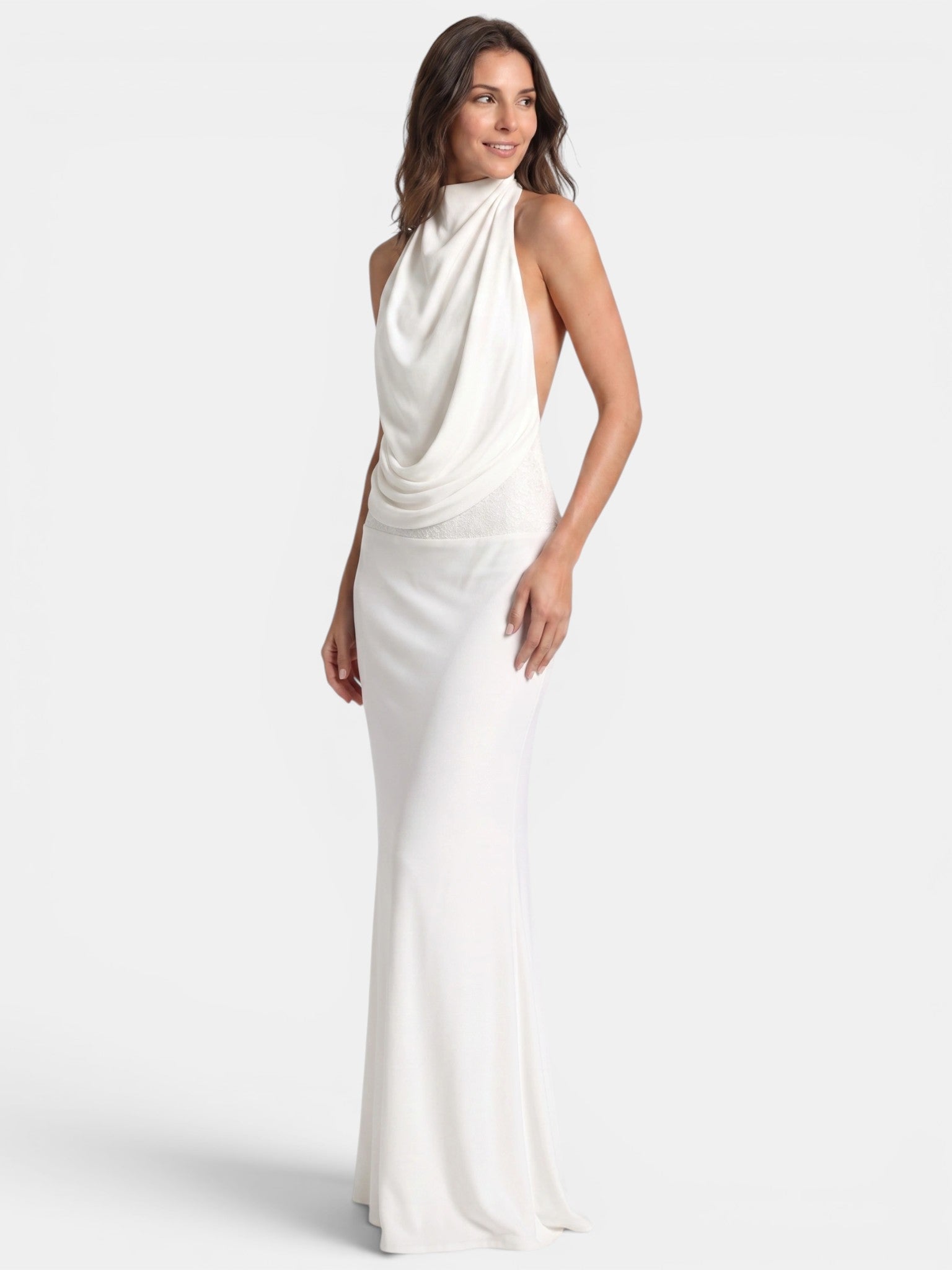 Robe longue en satin col licou drapé dos ouvert soirée élégante femme