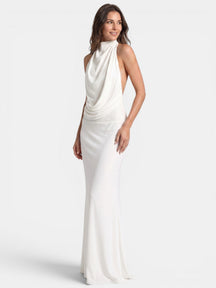 Robe longue en satin col licou drapé dos ouvert soirée élégante femme