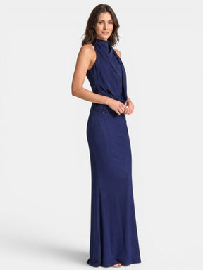 Robe longue en satin col licou drapé dos ouvert soirée élégante femme