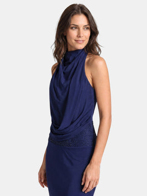 Robe longue en satin col licou drapé dos ouvert soirée élégante femme