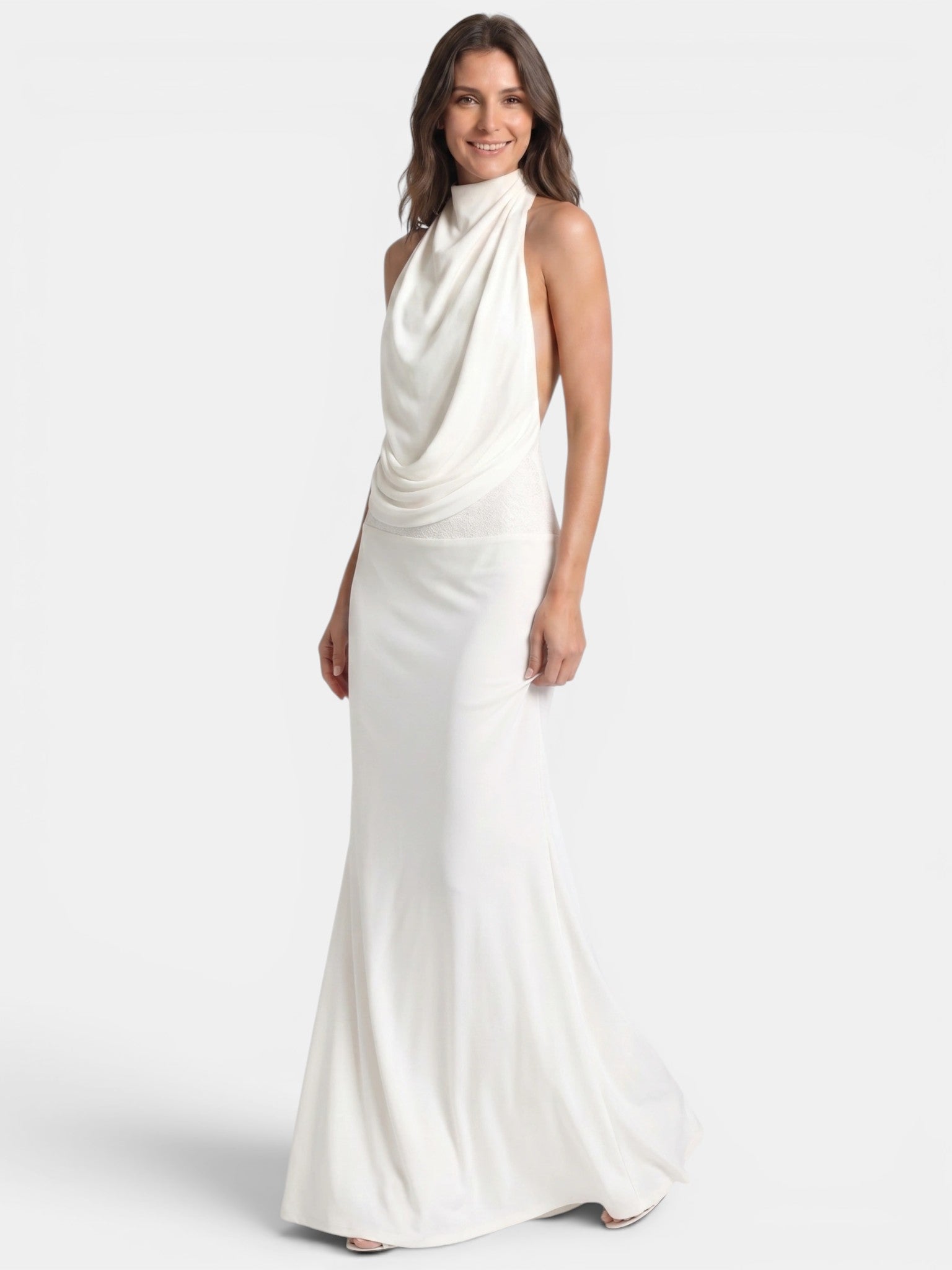 Robe longue en satin col licou drapé dos ouvert soirée élégante femme