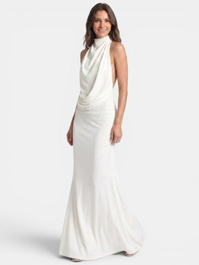 Robe longue en satin col licou drapé dos ouvert soirée élégante femme