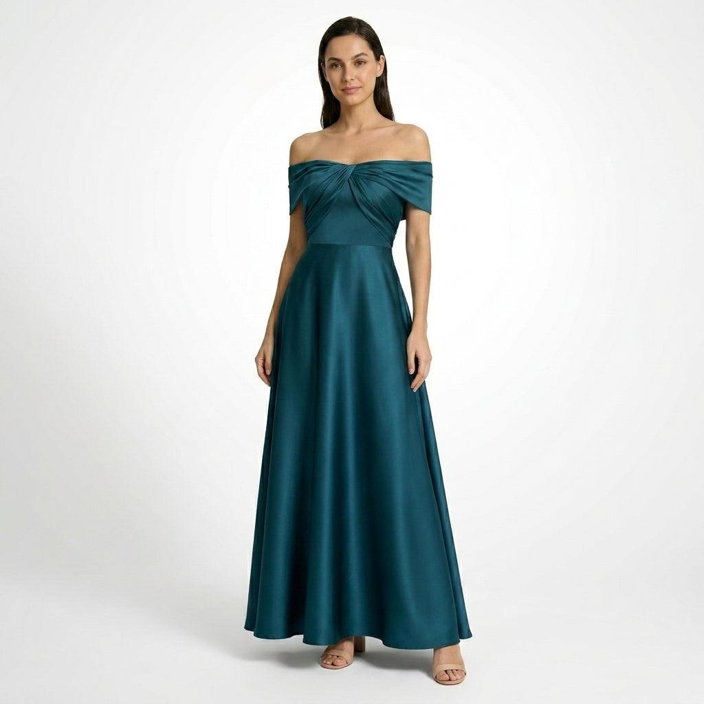 Robe maxi satinée épaule dénudée corsage plissé cérémonie élégante femme