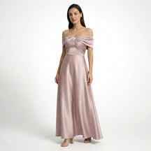 Robe maxi satinée épaule dénudée corsage plissé cérémonie élégante femme