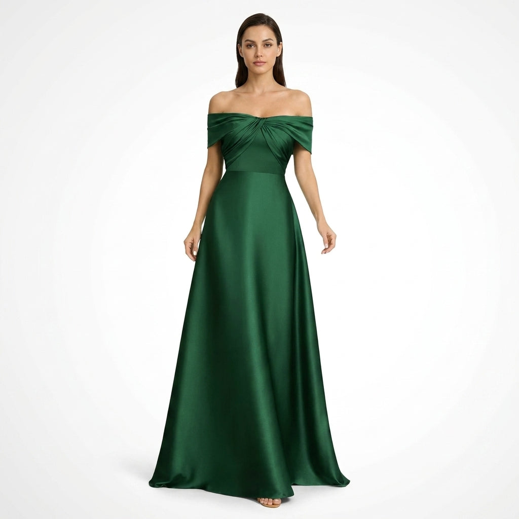 Robe maxi satinée épaule dénudée corsage plissé cérémonie élégante femme