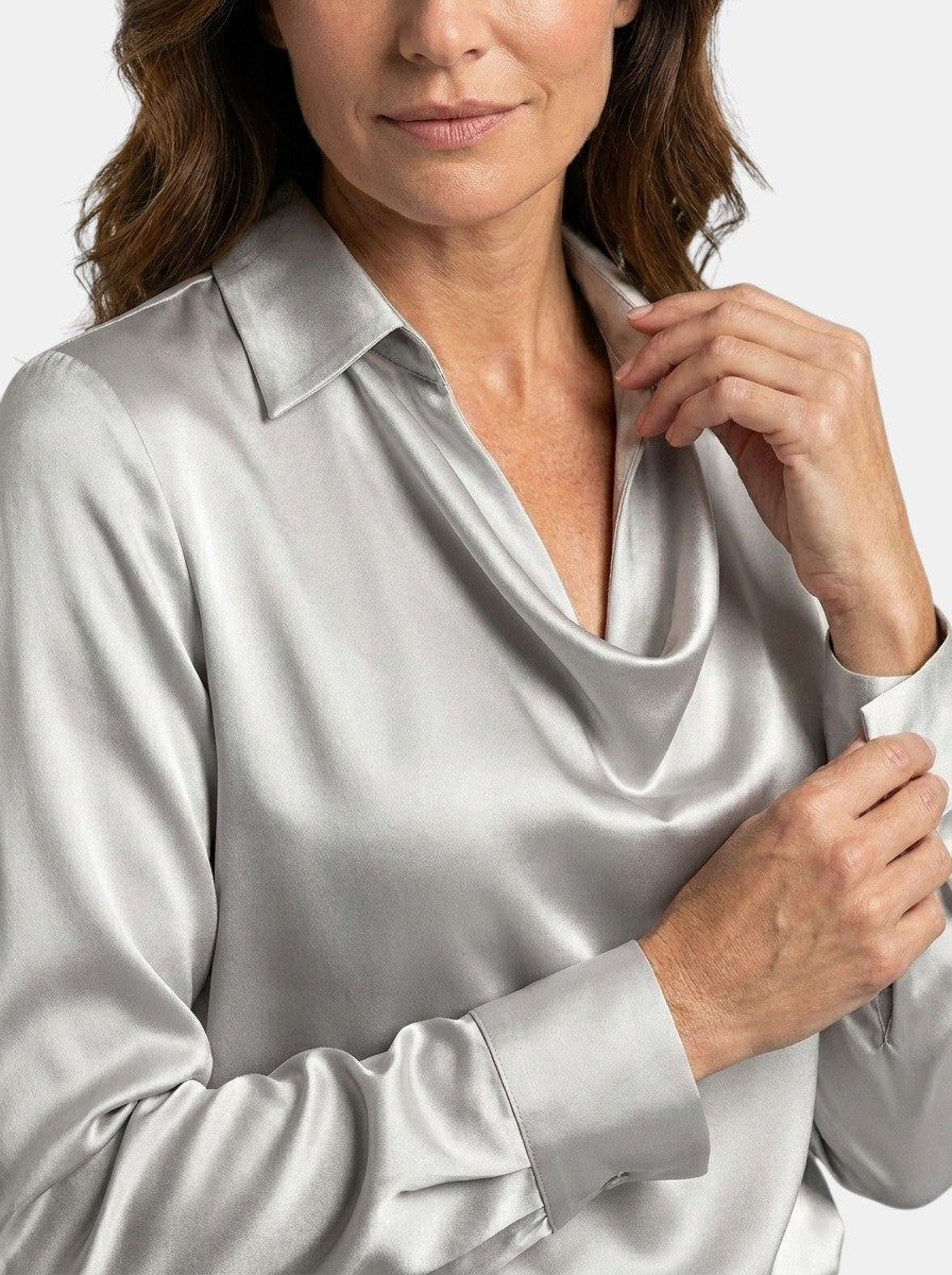 Blouse brillante col V manches longues tissu chatoyant élégante femme