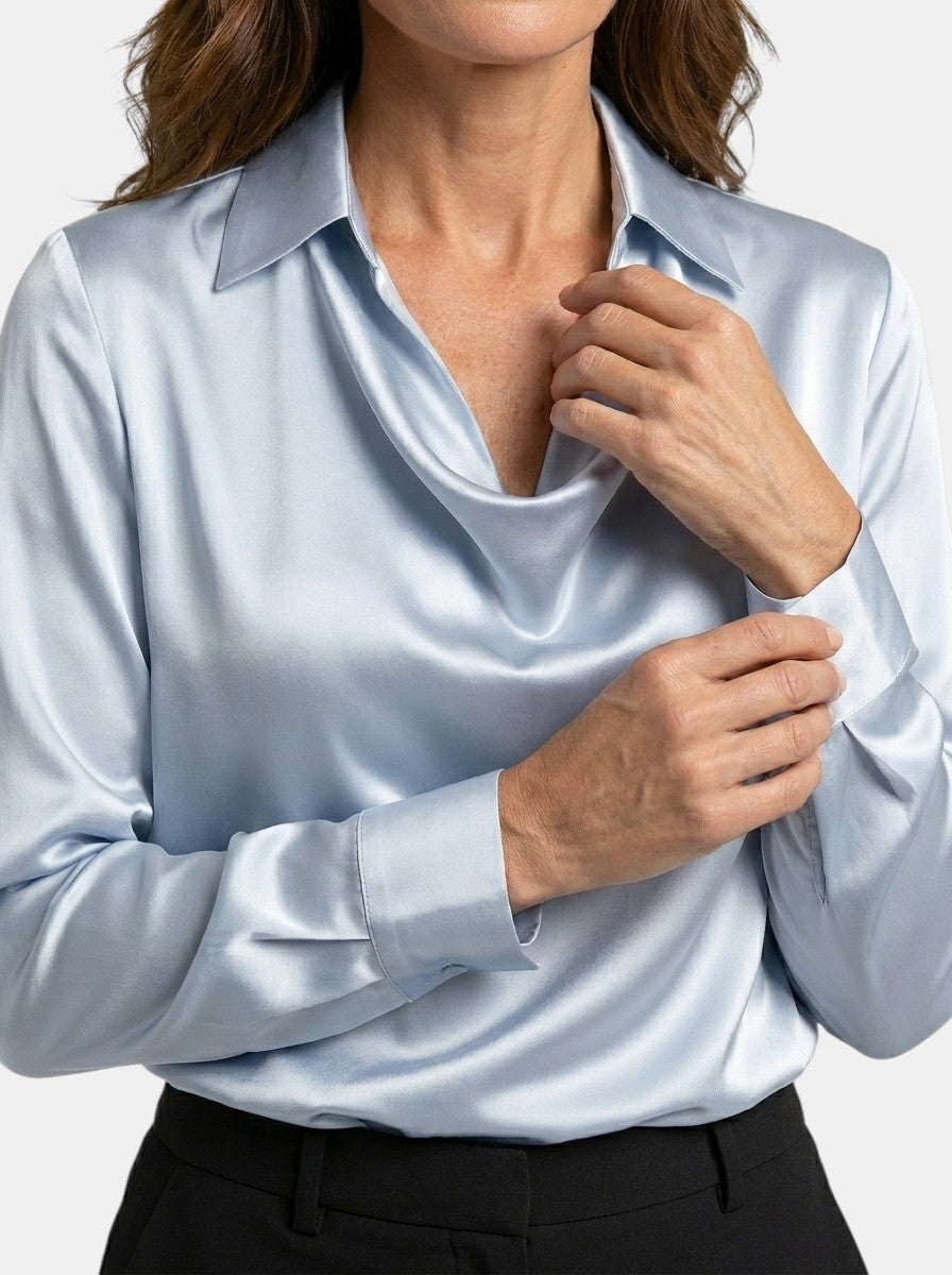 Blouse brillante col V manches longues tissu chatoyant élégante femme