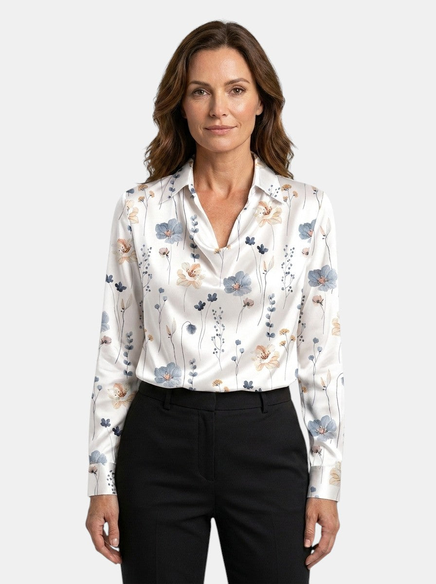Blouse brillante col V manches longues tissu chatoyant élégante femme