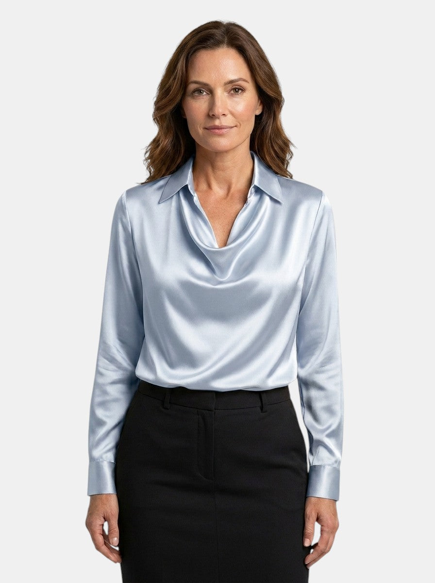 Blouse brillante col V manches longues tissu chatoyant élégante femme