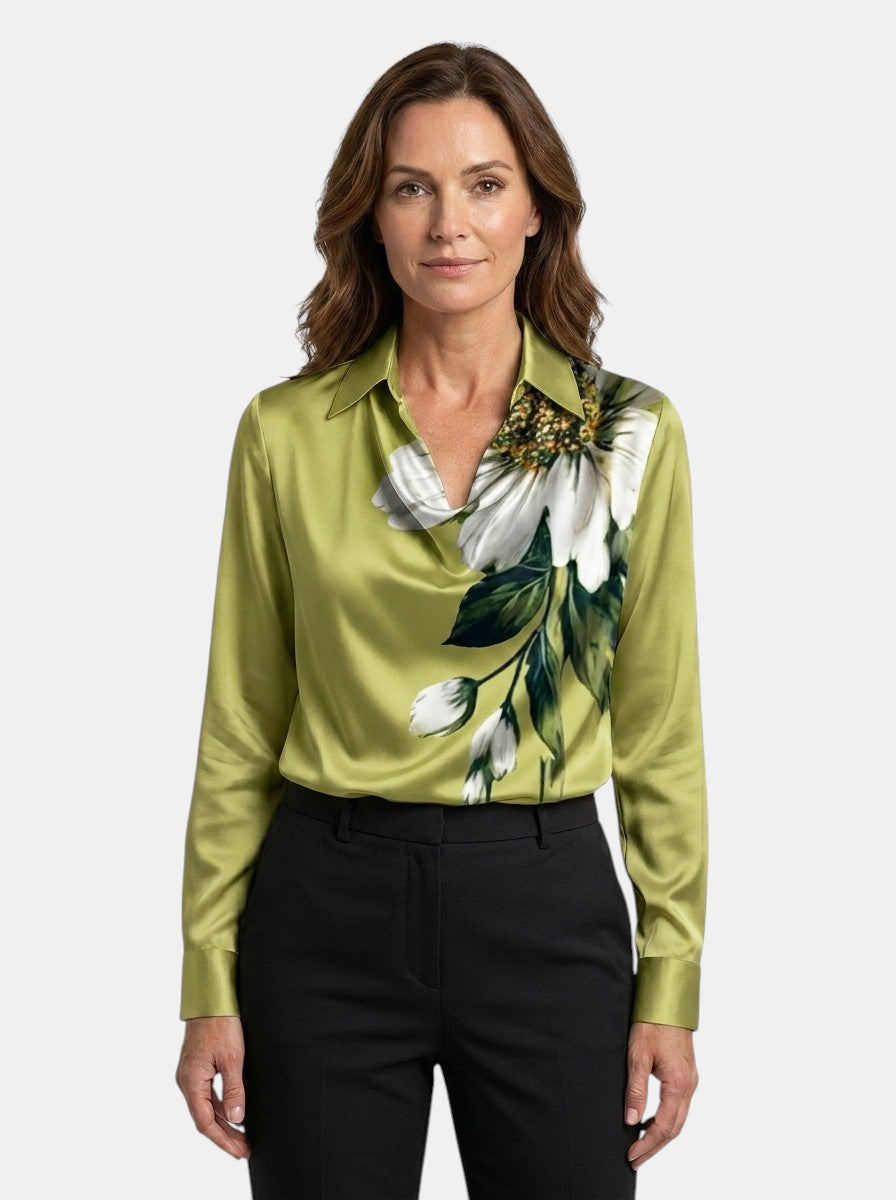 Blouse brillante col V manches longues tissu chatoyant élégante femme