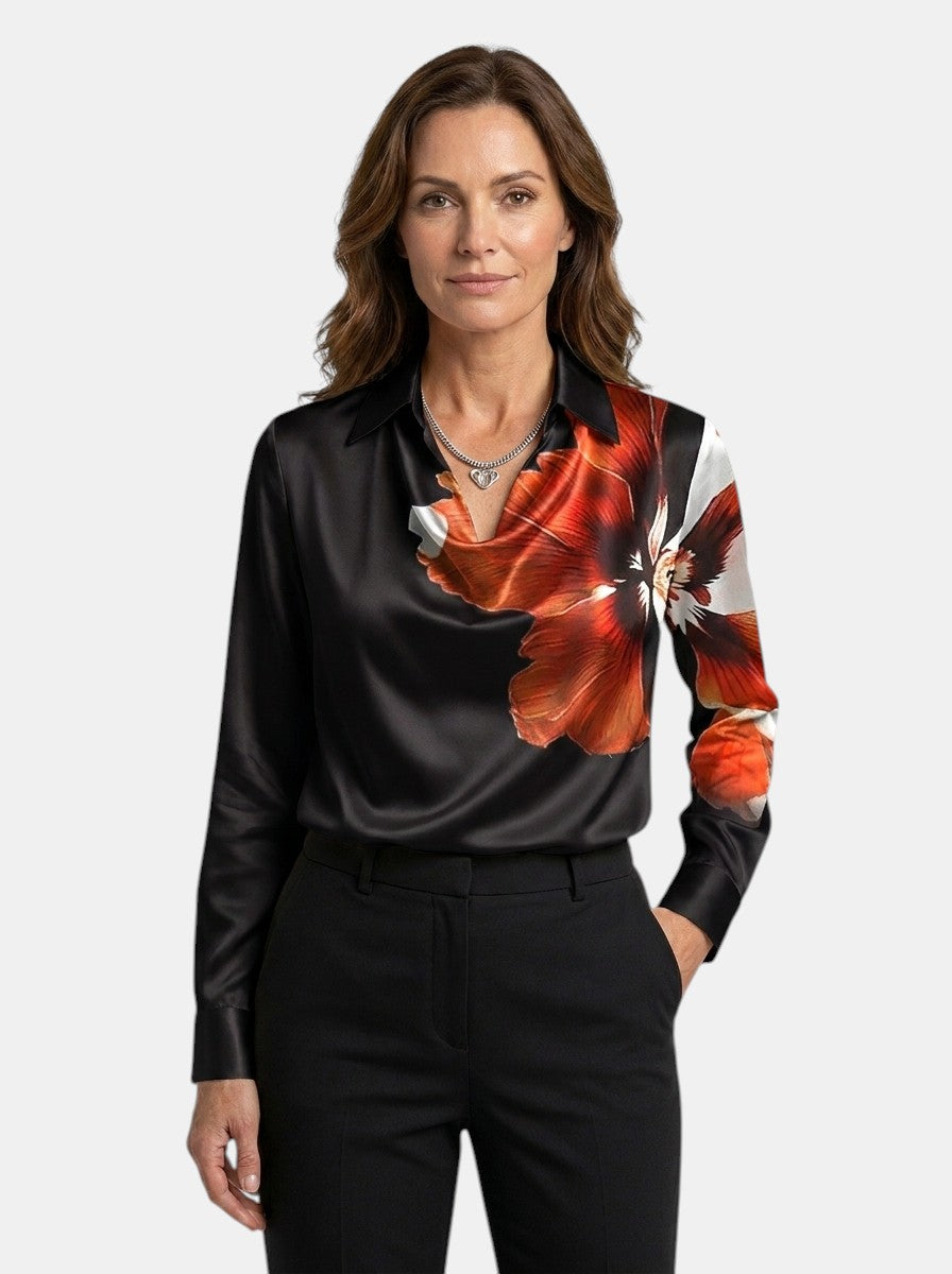Blouse brillante col V manches longues tissu chatoyant élégante femme