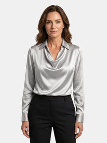 Blouse brillante col V manches longues tissu chatoyant élégante femme