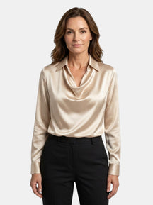 Blouse brillante col V manches longues tissu chatoyant élégante femme