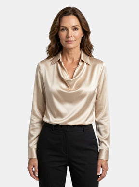 Blouse brillante col V manches longues tissu chatoyant élégante femme