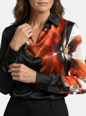 Blouse brillante col V manches longues tissu chatoyant élégante femme