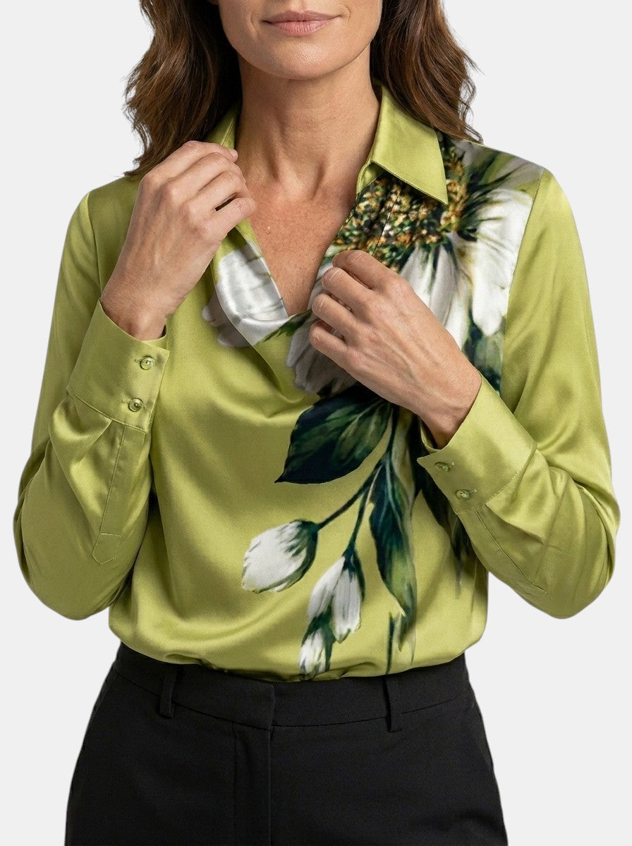 Blouse brillante col V manches longues tissu chatoyant élégante femme