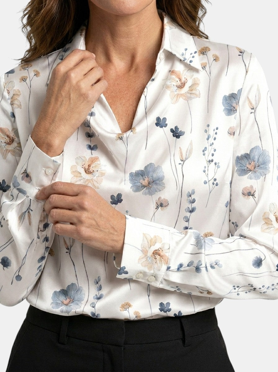Blouse brillante col V manches longues tissu chatoyant élégante femme