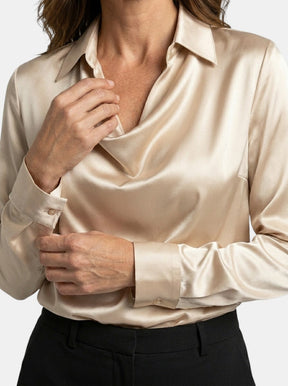 Blouse brillante col V manches longues tissu chatoyant élégante femme