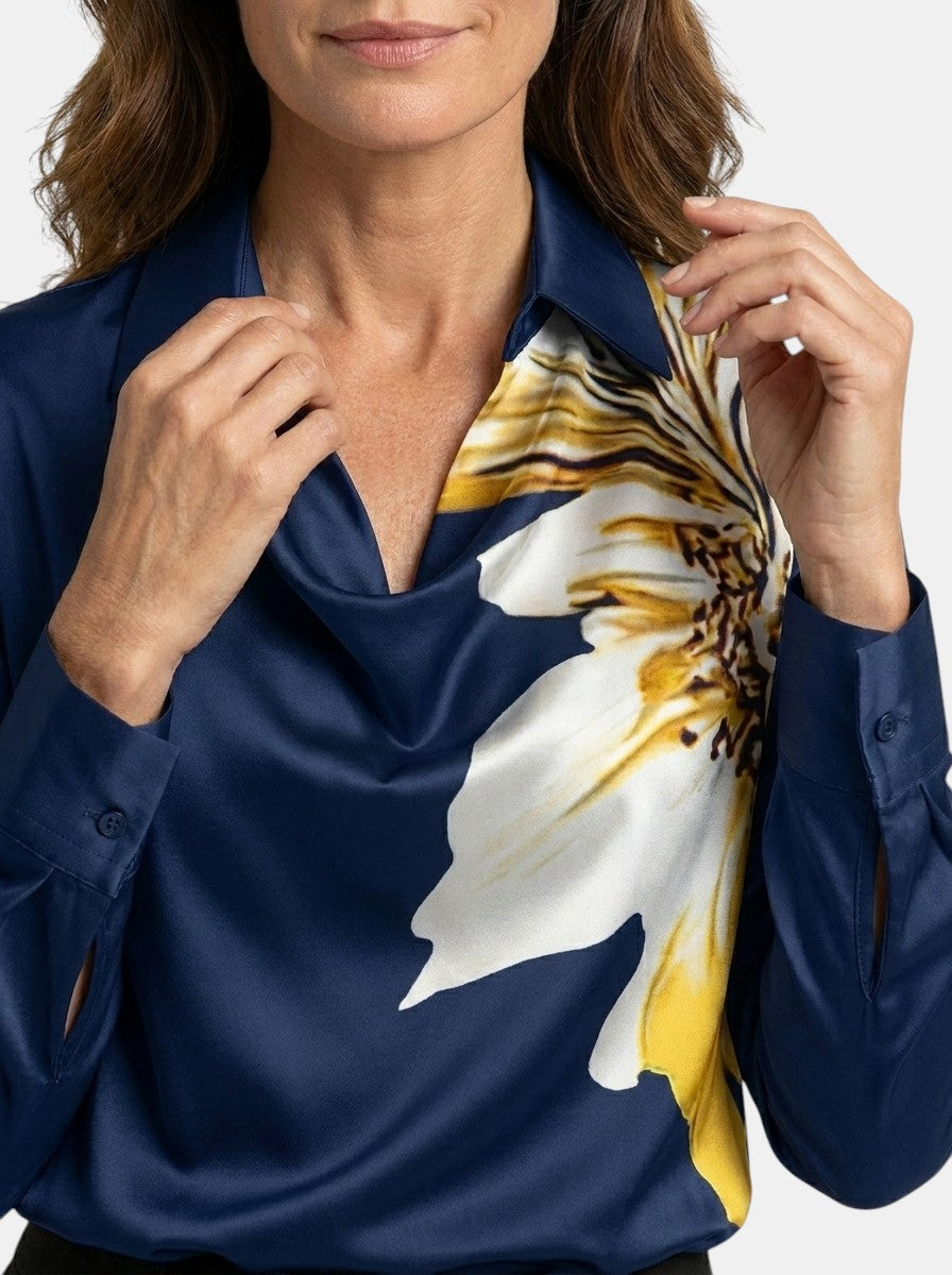 Blouse brillante col V manches longues tissu chatoyant élégante femme