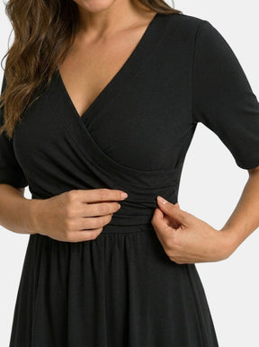 Robe midi portefeuille col V femme avec poches manches coude élégante fluide