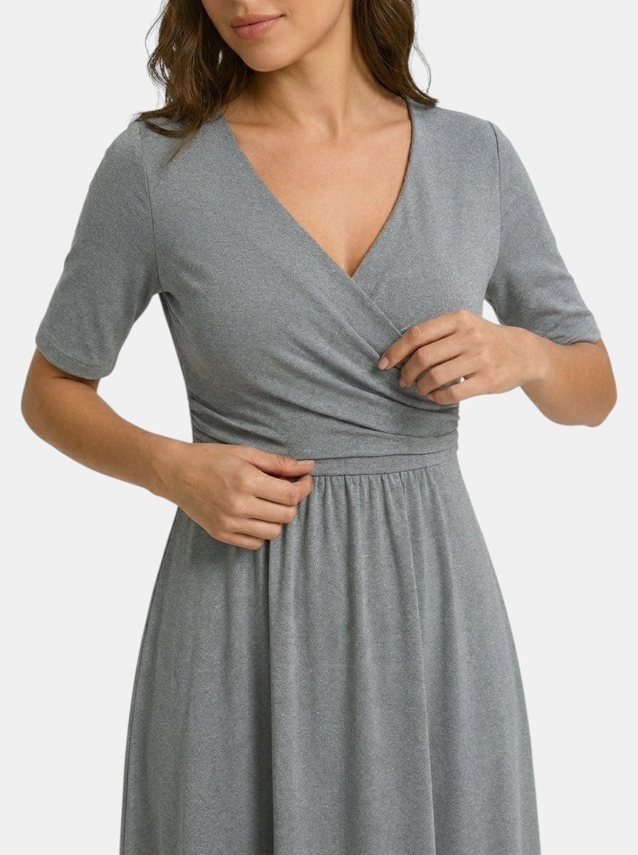 Robe midi portefeuille col V femme avec poches manches coude élégante fluide