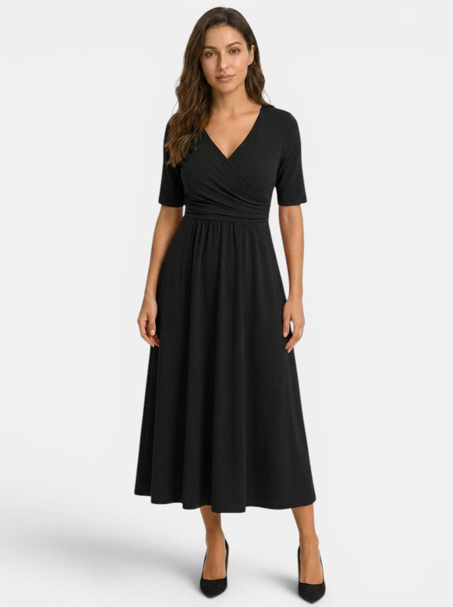 Robe midi portefeuille col V femme avec poches manches coude élégante fluide