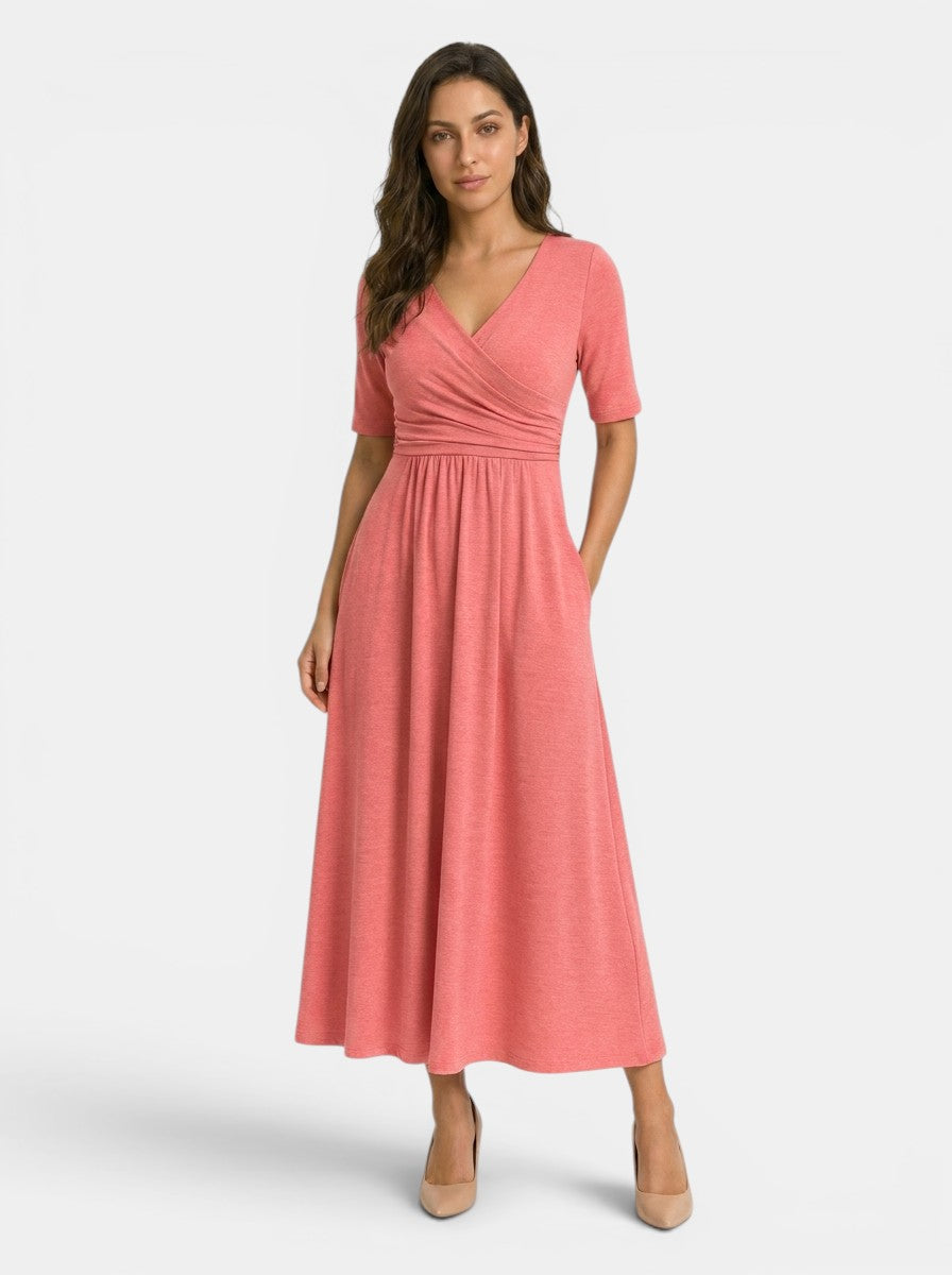 Robe midi portefeuille col V femme avec poches manches coude élégante fluide