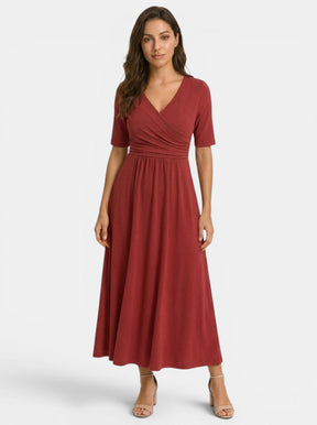 Robe midi portefeuille col V femme avec poches manches coude élégante fluide
