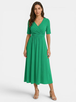 Robe midi portefeuille col V femme avec poches manches coude élégante fluide