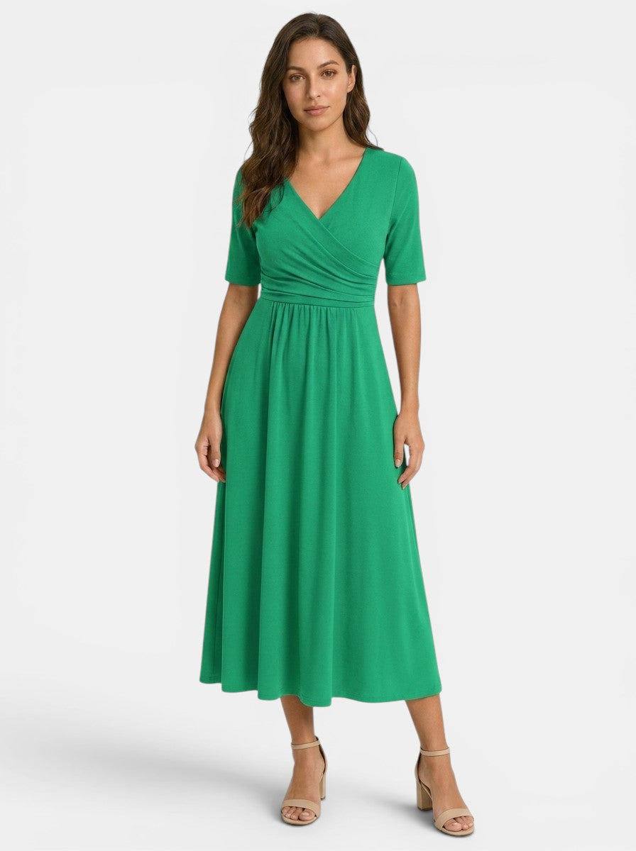 Robe midi portefeuille col V femme avec poches manches coude élégante fluide