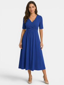 Robe midi portefeuille col V femme avec poches manches coude élégante fluide