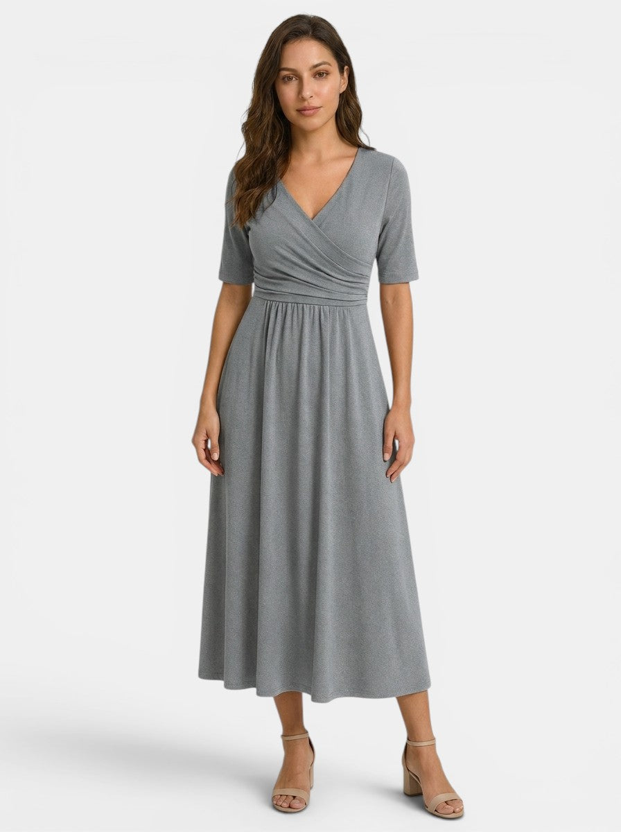 Robe midi portefeuille col V femme avec poches manches coude élégante fluide