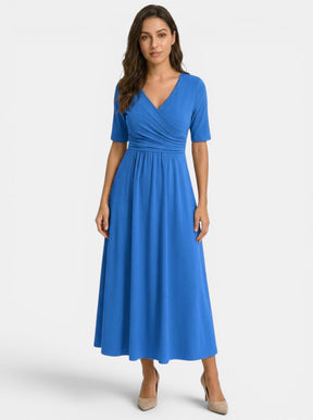 Robe midi portefeuille col V femme avec poches manches coude élégante fluide