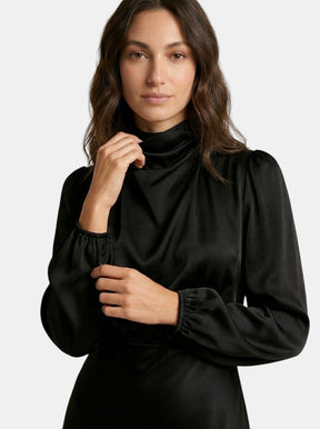 Robe midi drapée col montant manches longues taille haute élégante femme