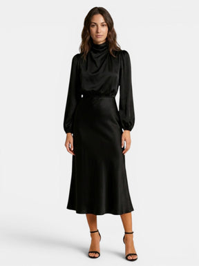 Robe midi drapée col montant manches longues taille haute élégante femme