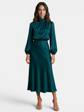 Robe midi drapée col montant manches longues taille haute élégante femme