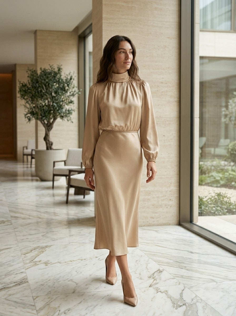 Robe midi drapée col montant manches longues taille haute élégante femme