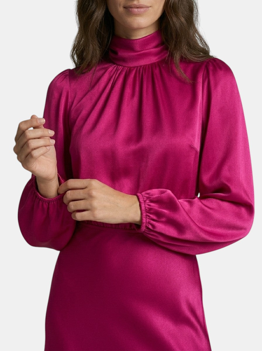 Robe midi drapée col montant manches longues taille haute élégante femme