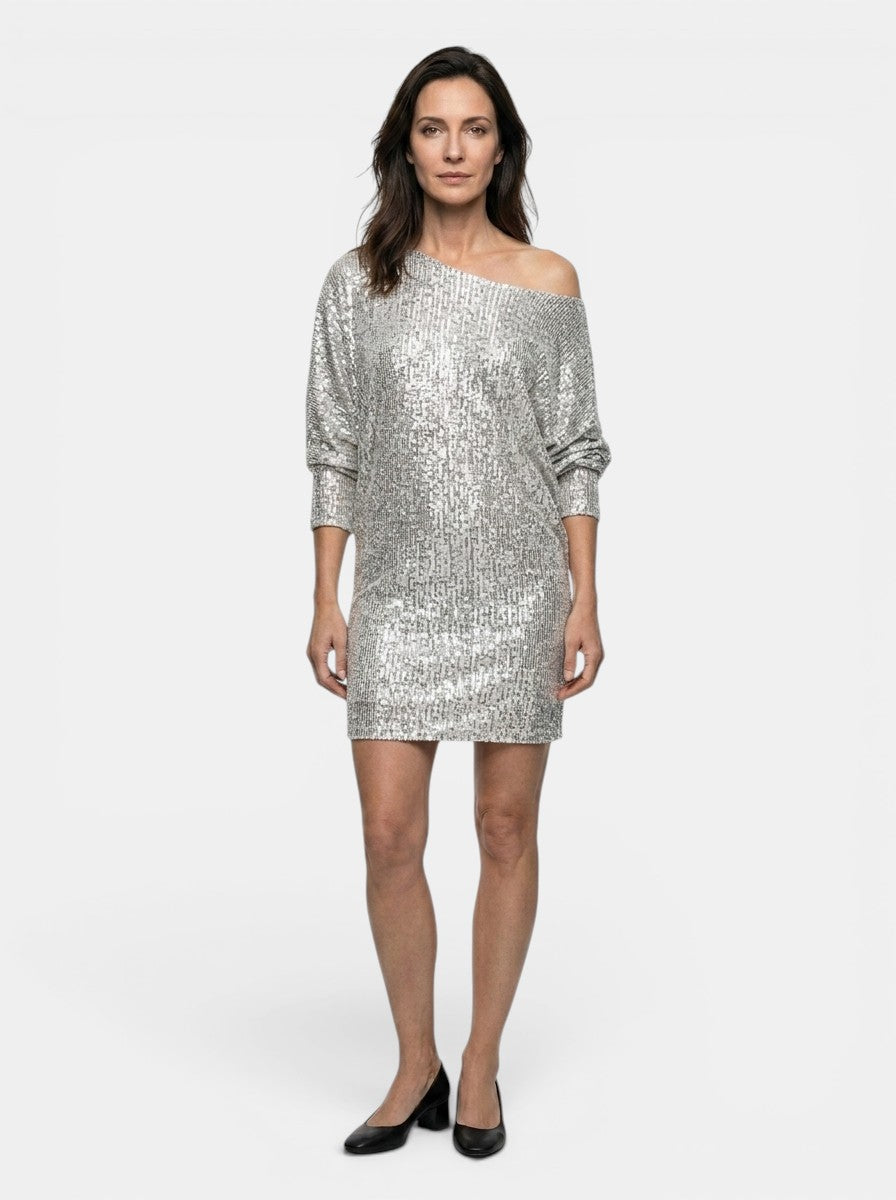 Robe mini à sequins scintillants coupe ample manches longues femme