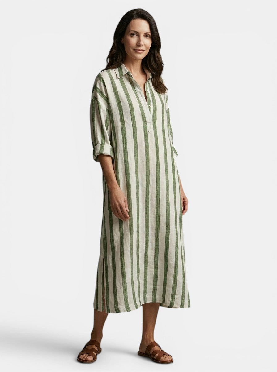 Robe maxi rayée coton manches longues col rabattu silhouette fluide femme