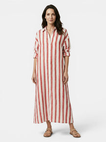 Robe maxi rayée coton manches longues col rabattu silhouette fluide femme