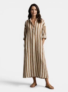 Robe maxi rayée coton manches longues col rabattu silhouette fluide femme