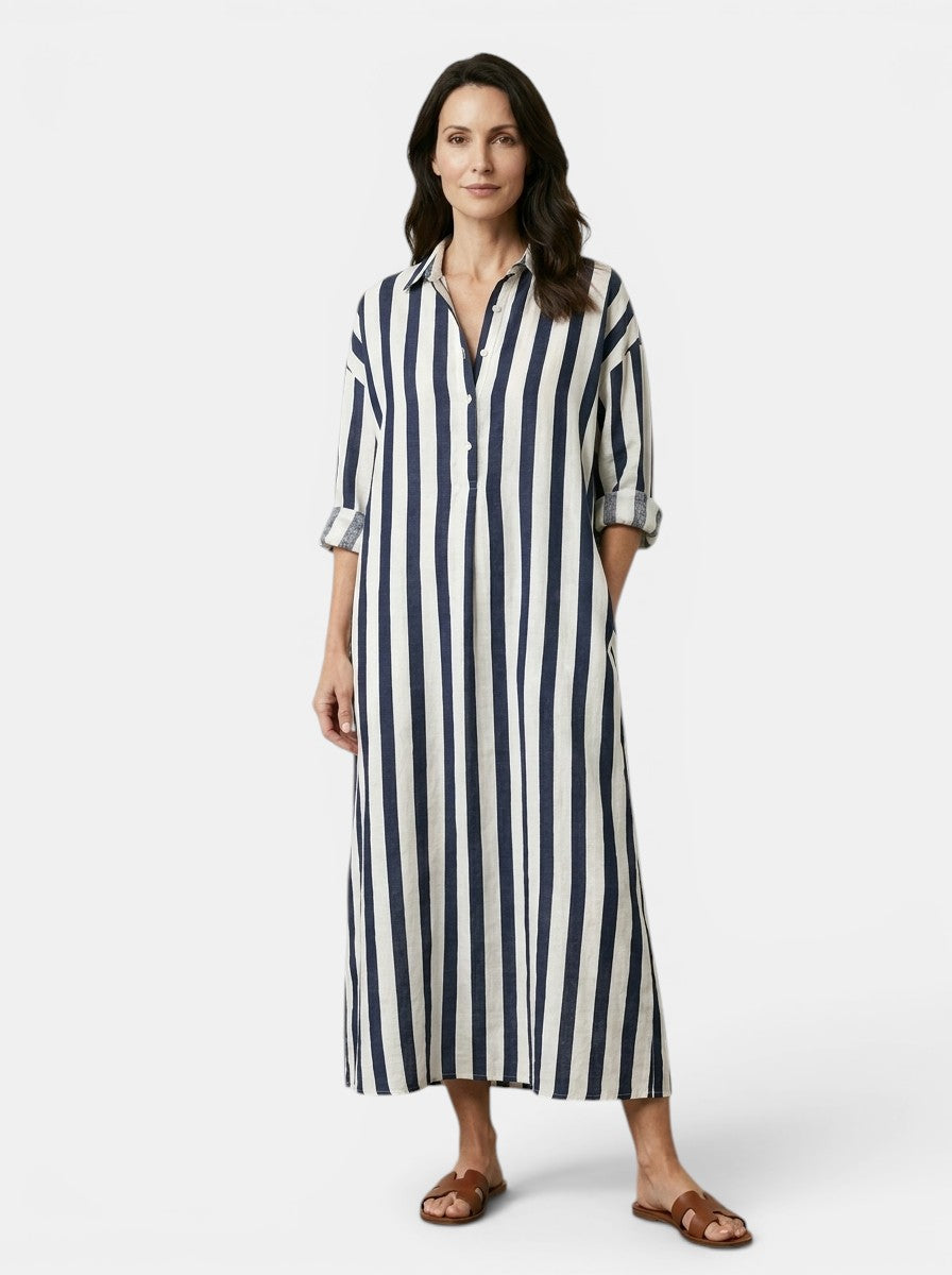 Robe maxi rayée coton manches longues col rabattu silhouette fluide femme