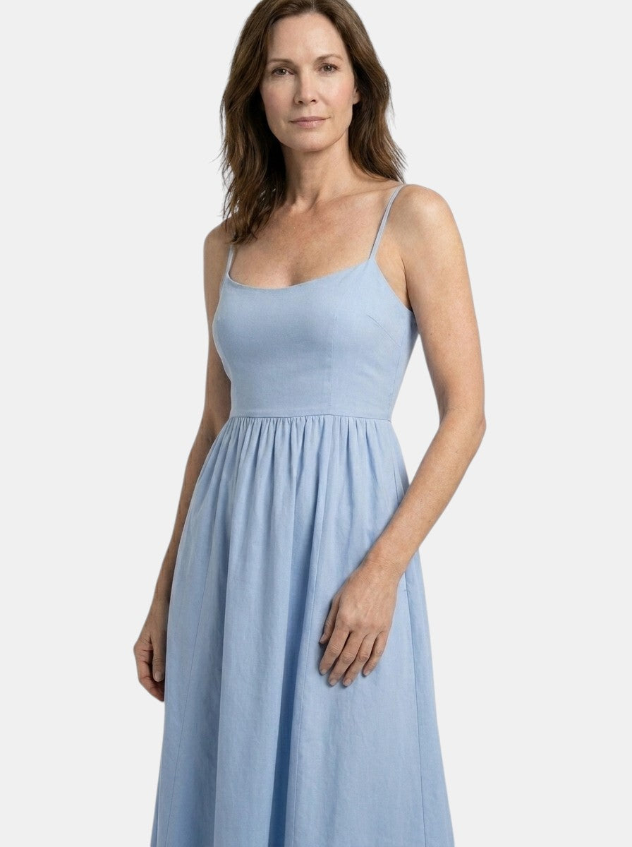Robe midi ligne A structurée bretelles fines invitée mariage minimaliste femme
