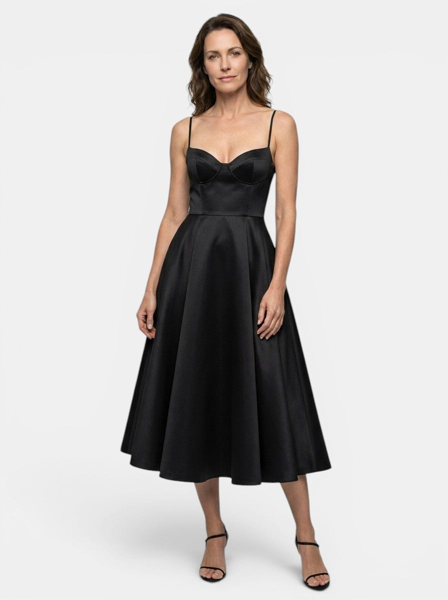 Robe midi corset structuré jupe évasée bretelles fines élégante femme