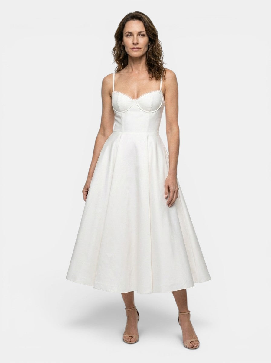 Robe midi corset structuré jupe évasée bretelles fines élégante femme