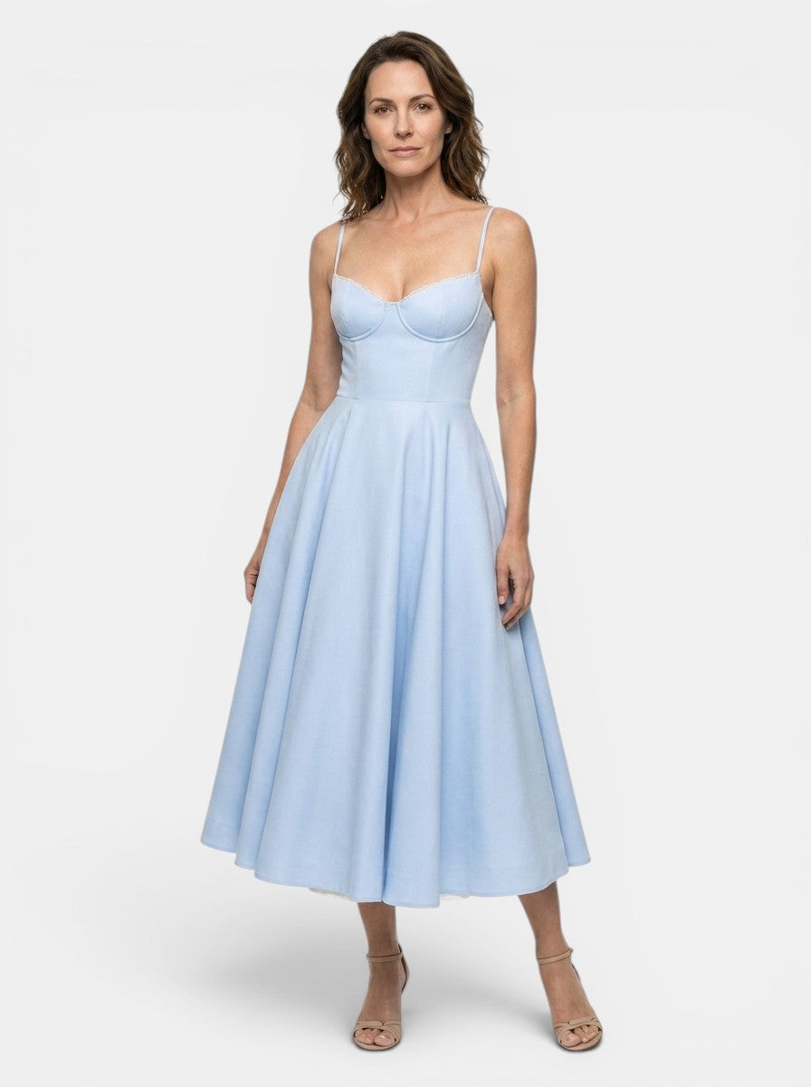 Robe midi corset structuré jupe évasée bretelles fines élégante femme