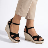 Sandales compensées noires femme tige synthétique talon 7,6 cm élégantes